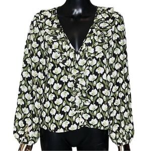 Traffic People Black Green Floral Ruffle Sheer Boho Blouse Long Sleeve Small